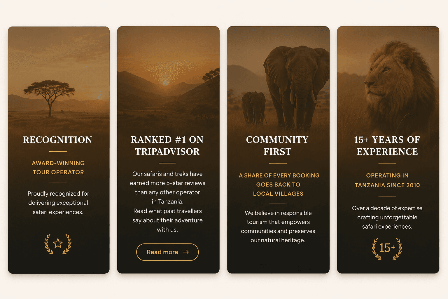 Recognition, ranked #1 on TripAdvisor, community first, 15+ years of experience in Tanzania